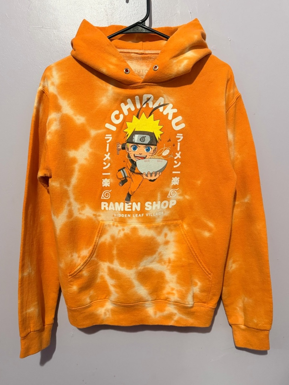 Men's Orange Tie-Dye Crewneck Hoodie with Naruto Ramen Graphic